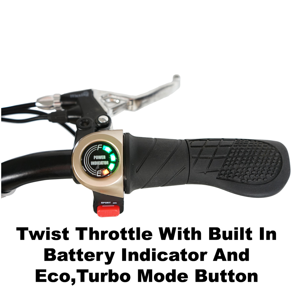 Twist throttle with built in battery indicator and eco, turbo mode button